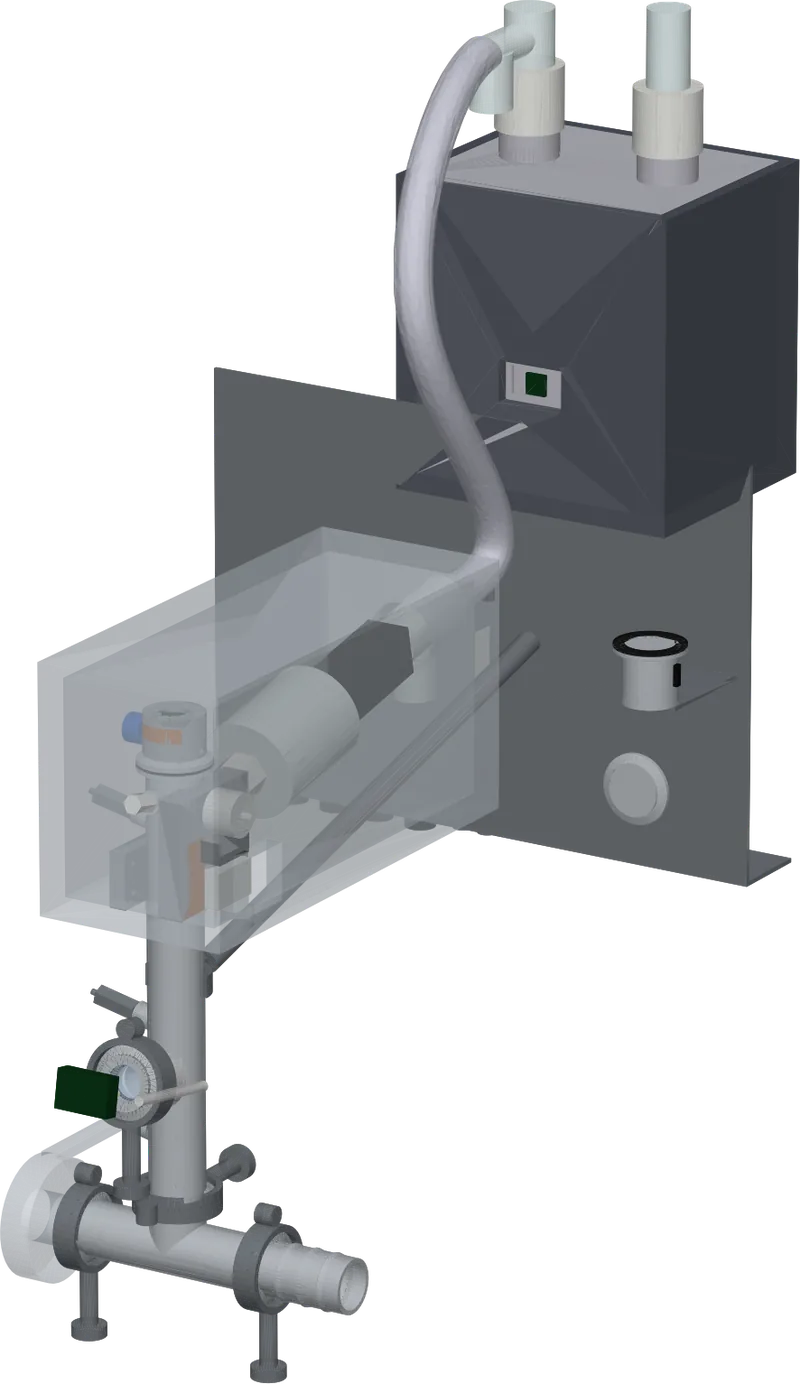 CAD view of the pod installed on a fermenter's blow-off line